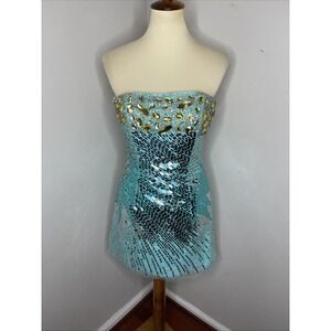 New Sherri Hill Blue Beaded Sequined Strapless Mini Dress Sz 6‎
